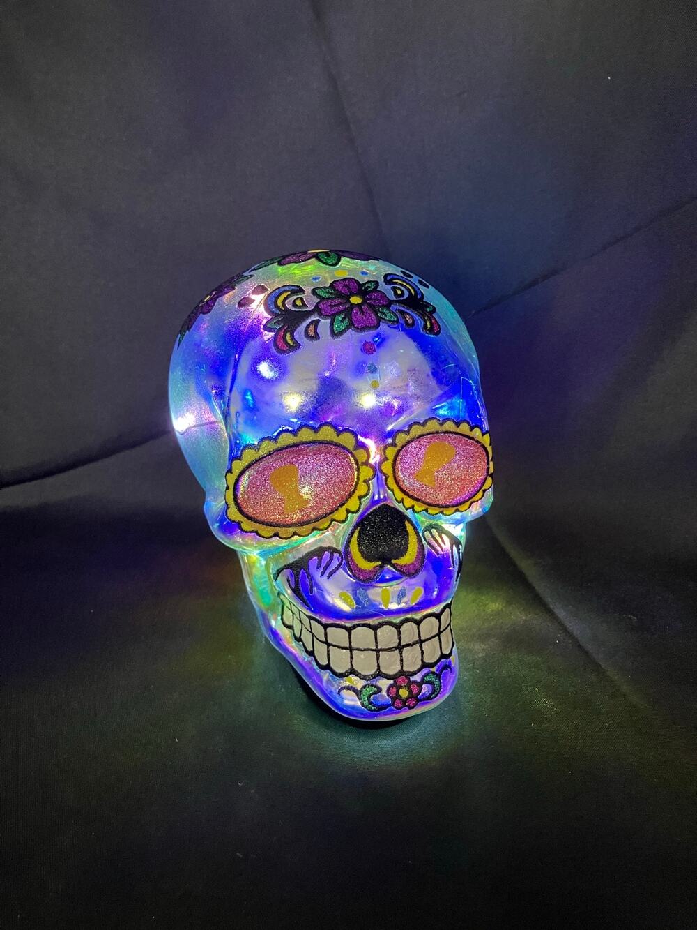 Light Up Iridescent Sugar Skull LED Day of the Dead Halloween Decor 7 Inch
